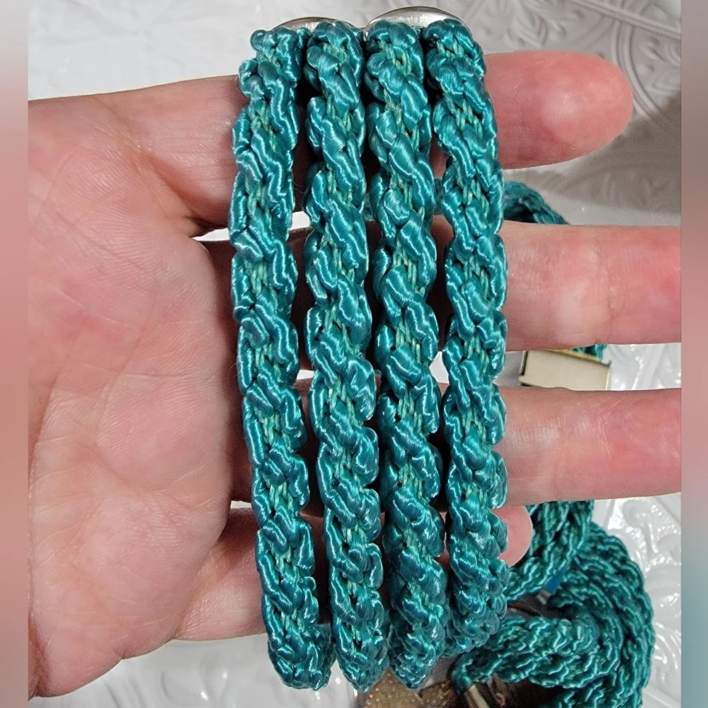 Vintage Sea Gem Floral Cloisonne Buckle Teal Braided Rope Belt